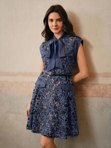 Anewsta 女士优雅蝴蝶结领蕾丝刺绣装饰腰带连衣裙，春夏装