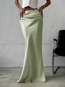 Firerie Elegante minimalistische romantische date & werkjurk voor dames, veelzijdige effen satijnen maxi-rok, abrikooskleur, lage taille, herfst/winter