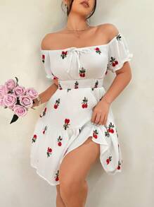 SHEIN Clasi Vestido de fiesta con bordado de cerezas, hombros descubiertos, mangas abullonadas y cintura ceñida, para mujer tallas grandes, ideal para el Día de San Valentín - Blanco - Ver 1