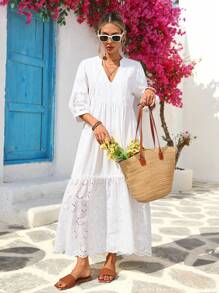 Vivid Eden Damen V-Ausschnitt Fransen-Seil Patchwork Stickerei strukturierter Stoff A-Linie Urlaubskleid