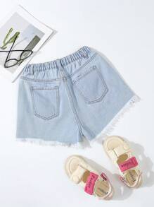Teen Girl New Ripped Hem Fringed Low-Rise Fashionable Denim Shorts - Light Wash - View 2