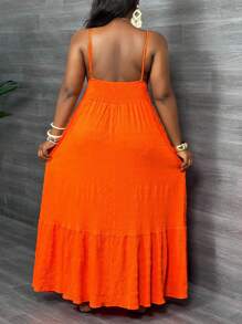 Slaydiva Plus Size V-Neck Orange Camisole Cinched Waist Flared Maxi Dress, Vacation Style,Beach Dress Sundress,Holiday Outfits Boho