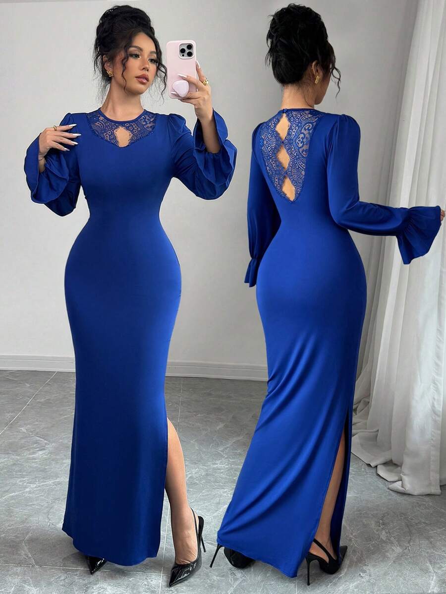 Modelyn Long Sleeve Lace Patchwork Fitted Ruffle Hem Dress For Women - Blue - View 1