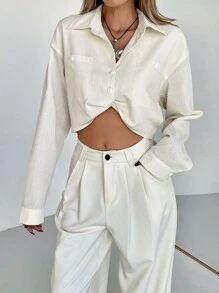 SHEIN Essnce Áo sơ mi nữ hở vai dài tay màu trơn cài khuy đơn cắt cúp - trắng - Xem 3