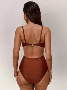 Forever 21 Women's Solid Color Ruched Cut-Out One-Piece Swimsuit For Vacation, For Summer Beach - Brown - View 2