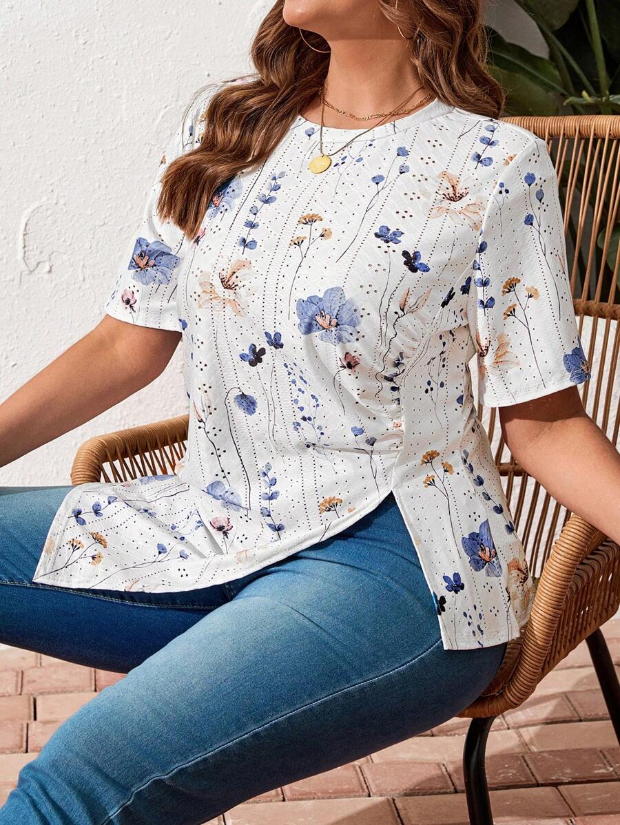 SHEIN LUNE Áo thun nữ cỡ lớn in hoa cổ tròn tay ngắn kiểu dáng thường ngày, áo thun họa tiết boho, áo mùa hè phong cách boho, áo đi nghỉ mát, phong cách thập niên 90, áo mùa hè cho nữ, áo đi nghỉ mát, phong cách nghỉ dưỡng, kỳ nghỉ - trắng - Xem 1