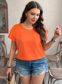 SHEIN LUNE Blusa holgada con volantes multicapa de gasa naranja, versátil y de talla grande, ideal para la primavera - Naranja Quemada - Ver 5