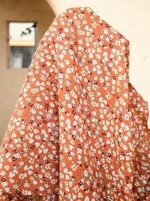 SHEIN LUNE Plus Size Women Orange Ditsy Floral Ruffle Hem Shirt, Easter
