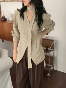 DAZY Damen Aprikot gestreiftes figurbetontes Bluse mit Bindegürtel, Langarm, College-Streifen, Frühling/Herbst Damenbekleidung