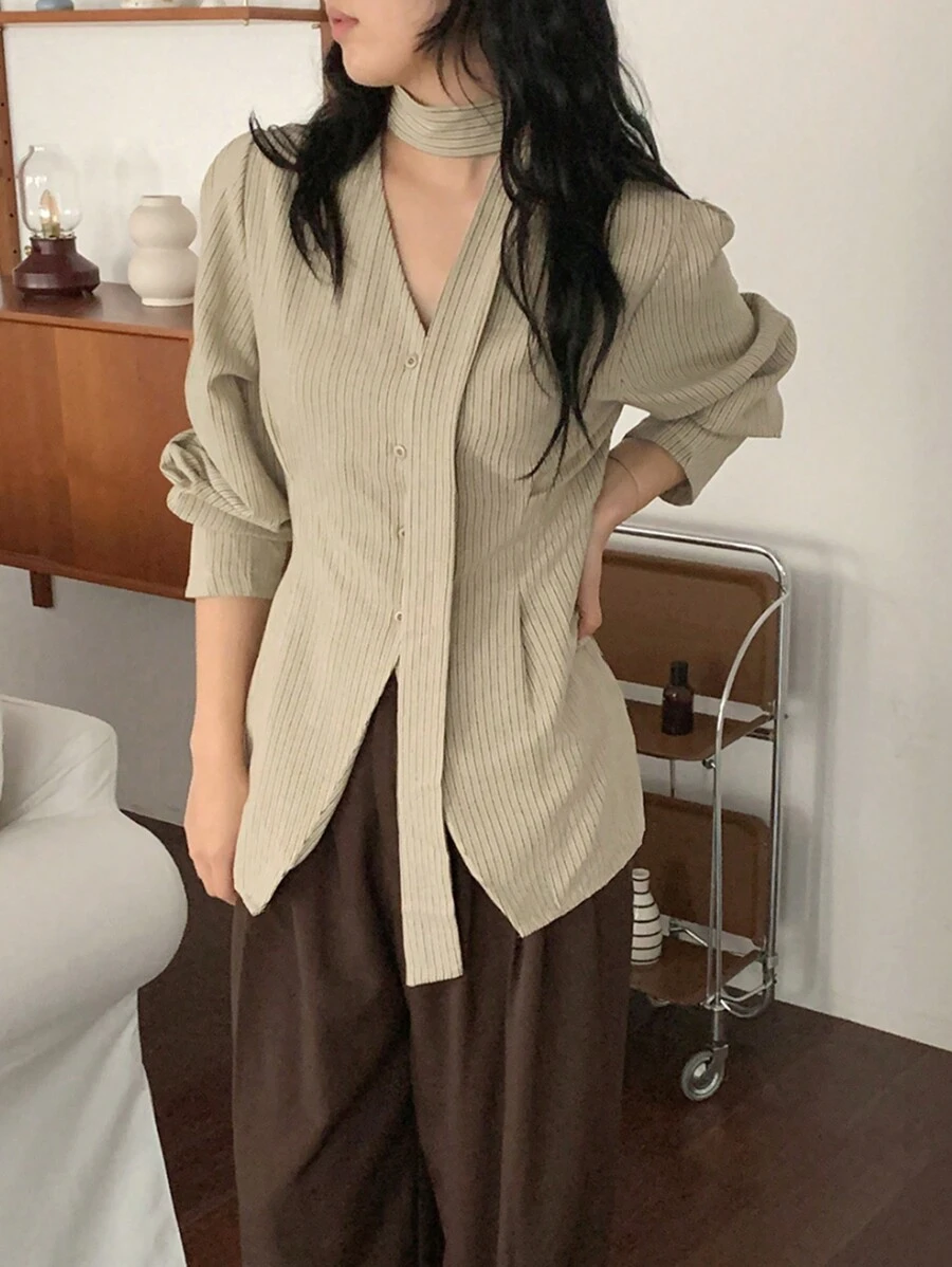 DAZY 女式杏色条纹修身系腰长袖衬衫，学院风条纹，春秋装，秋季女装 - 杏色 - 查看 1