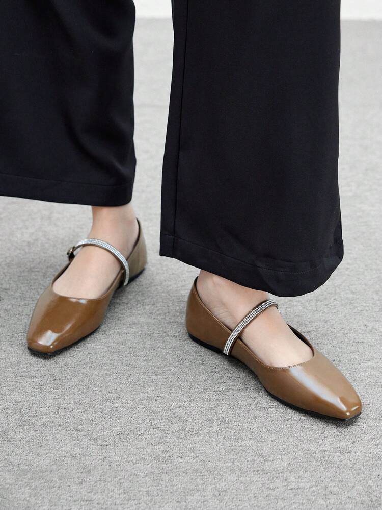 CUCCOO BIZCHIC Olive Green Oil Cowhide PU Women Square Toe Rhinestone Decor Simple Comfortable Flat Shoes