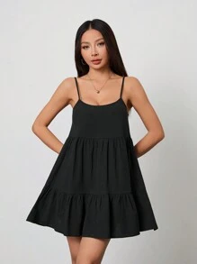 SHEIN PETITE Black Casual Suspender Backless Babydoll Dress,Sun Dress