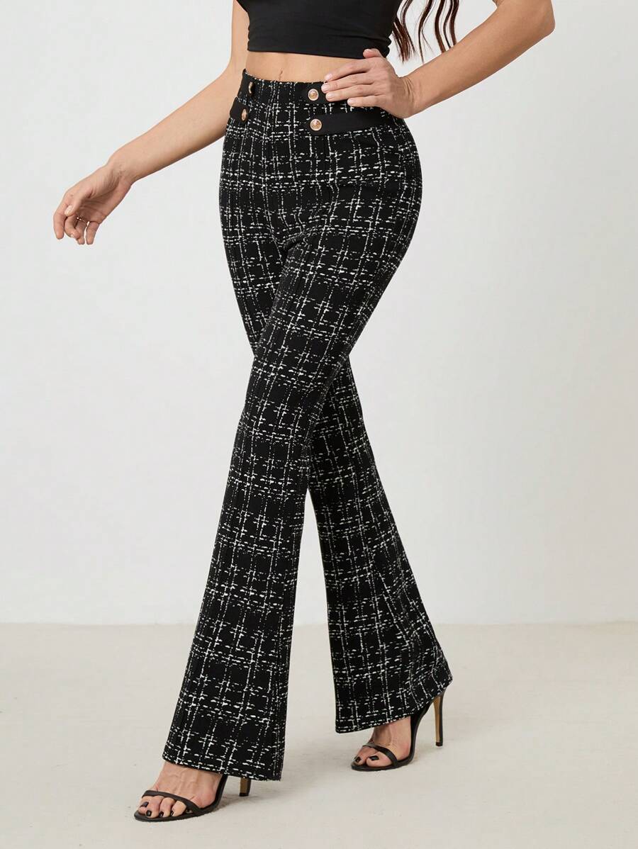 SHEIN Tall Women's Fashion Plaid Slim Flared Pants, Commuter Style - Black - View 1