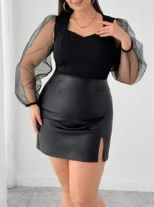 RueChic Contrast Mesh Lantern Sleeve V Neck Blouse - Black - View 3