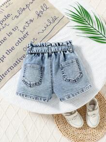 Denimly Young Girls Casual Urban Preppy Cute Denim Ruched Waist Shorts With Adjustable Belt