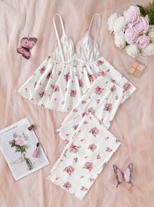 Lace Patchwork V-Neck Ditsy Floral Camisole & Pants Pajama Set - White - View 2
