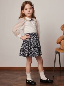 PrepCrw Young Girls Black Bowknot Printed Loose Elastic Waist A-Line Mid-Length Skirt, Spring/Summer - Multicolor - View 6