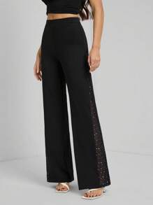 SHEIN Tall Sequin Splicing Loose Elegant Straight Leg Pants, Suitable For Commuting - Black - View 3