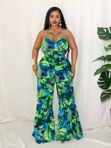 Slaydiva Monos de verano casuales nuevos de 2025 con estampado floral verde, sin mangas, con tirantes cruzados y con capas, para talla grande, adecuados para vacaciones, fiestas y ocasiones elegantes en primavera/verano