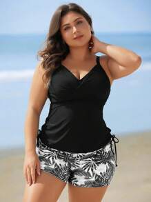 Swim Lushoire Plus Size Women 2pcs/Set Floral Print Tankini Swimwear, Conservative Four-Leg Style, Slimming, For Summer Beach Vacation - Black - View 4