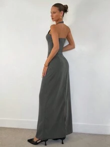 SHEIN Essnce Conjunto de dos piezas de mujer con top sin mangas con cremallera de color gris sólido para uso diario u oficina y falda larga con abertura, traje elegante/conjunto de falda para mujer/conjunto de ropa de trabajo para mujer