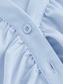 SHEIN MOD 女式 V 领荷叶边喇叭袖衬衫，收腰，蓝色长袖衬衫，女巫，纽扣衬衫，音乐会女装，嬉皮士，海盗上衣 - 藍色 - 查看 3