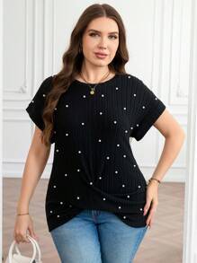Gownix 大码女式仿珍珠装饰短袖休闲 T 恤 - 黑色 - 查看 6