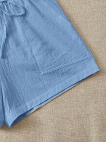 SHEIN EZwear Short en coton et lin blanc ample et décontracté avec ceinture à nouer et poches latérales - Bleu azur - Voir 5