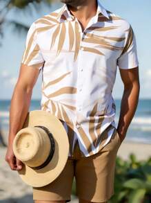 Manfinity RSRT Men Beach Outfits Tropical Print Shirt & Drawstring Waist Shorts - Khaki - View 1