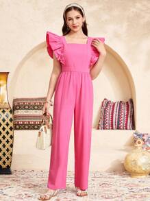 SHEIN Leap Crew Teen Girls' Cute & Cozy Cap Sleeve Square Neck Long Jumpsuit