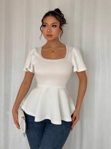Chiquease Women's Solid Crew Neck Beaded Waist Ruffle Hem Elegant T-Shirt - White - View 1