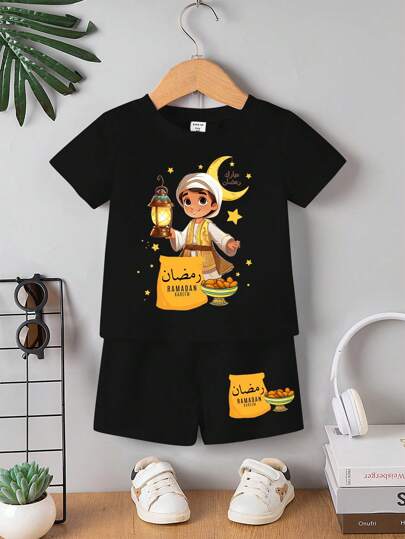 Young Boy Carrying Lantern & Moon Print Round Neck Short Sleeve T-Shirt And Shorts Set