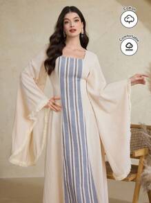 Al Najma Damen elegantes Farbblock gestreiftes Trompetenärmel Kleid im arabischen Stil, bescheidenes bodenlang Kleid - Aprikosenfarben - Übersicht 2