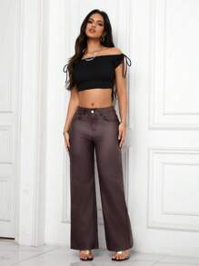 SHEIN PETITE Women's Solid Color Pocketed Wide Leg Loose Casual Pants Fall Cloth For Women