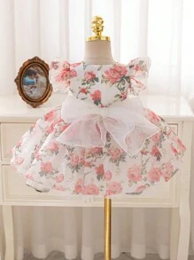 SHEIN Glamorique Kids 女婴玫瑰印花欧根纱薄纱盖袖缎面泡泡袖连衣裙，适合婚礼、花童、派对