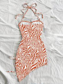 Soleia Women's Vacation Red & White Zebra Print Asymmetric Hem Halter Bowknot Bodycon Dress, Cute & Fashionable Outfit, Suitable For Autumn/Winter