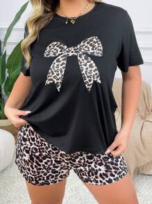 Plus Size Leopard Bow Print Crew Neck Short Sleeve Top & Shorts Pajama Set, Outfits - Black - View 3