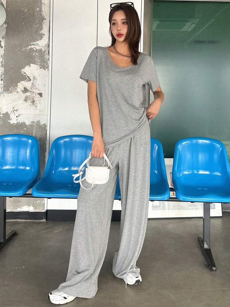 2pcs Women Casual Street Style T-Shirt Set, Spring/Summer Lounge Sets For Women