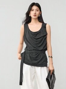Dazy-Less Linen Design Sense Button Waist Tie Sleeveless Vest Women T-Shirt Old Money Style Business Casual Women - Dark Grey - View 5