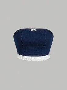 SHEIN MOD Top court en jean bleu avec insertion en dentelle, coupe ajustée et bretelles pour femmes