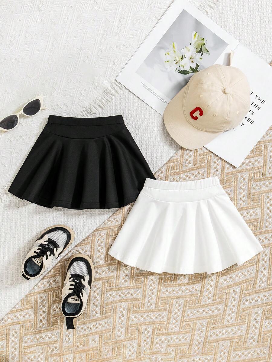 2pcs Baby Girls' Fashionable Simple Black & White Color Block Mini Skirt Set, Summer - Black and White - View 1