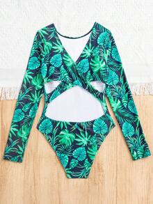 Swim SPRTY Dambaddräkt med tropiskt växtmönster, långärmad, avslappnad strandsemesteroutfit - Multifärgad - Visa 6