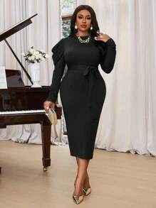 Fleurora Autumn And Winter Elegant Navy Blue Knitted Round Neck Long Sleeve Bodycon Dress Plus Size Dresses Blue Dresses