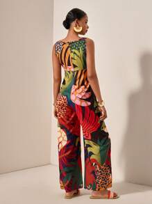 Zivah Nuevo mono de verano estilo chaleco con cuello en V, botones con decoración de ramas en el centro delantero, abertura amplia, piernas anchas, extra largo, estampado de lunares y leopardo para mujer - Multicolor - Ver 2