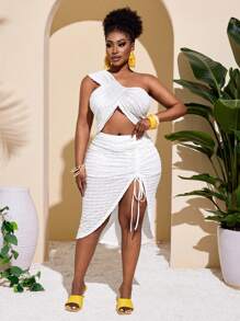 Slaydiva 2025 New Design Easter, Western, Beach, Boho, Festival Outfits, Rave, Easter Outfit, Old Money Style, Country Concert Outfit, Going Out Outfit, Fairycore, Airport Outfit, Tropical Vacation Clothes, Party Elegant Sexy Solid Color Lace Texture Fitted Sleeveless One-Shoulder Cutout Waist Plus Size Midi Dress, Western Wear For Women - White - View 6