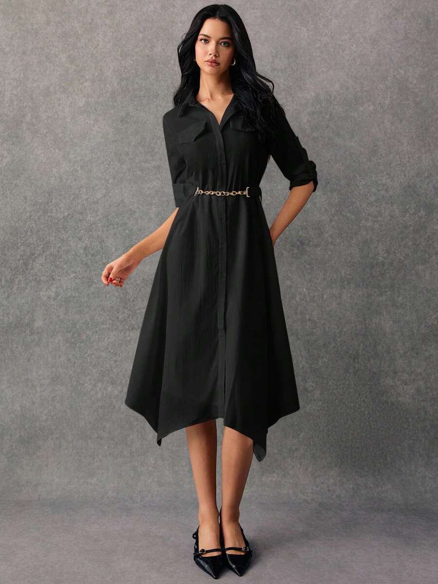 Poéselle Women Solid Color Roll Tab Sleeve Shirt Dress - Black - View 1