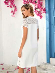 SHEIN Clasi Vestido de encaje con detalles de botones y parches para dama - Blanco - Ver 2