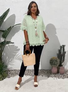 EMERY ROSE Áo kiểu nữ cỡ lớn cổ chữ V tay ngắn phối ren tương phản, thích hợp mặc mùa hè đi biển. - Màu xanh Bạc hà - Xem 5