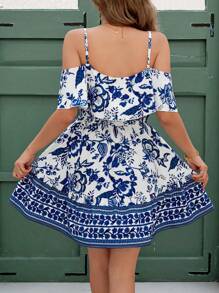 SHEIN Clasi Women's Elegant Open Shoulder Ruffle Hem Blue And White Floral Print A-Line Mini Dress, Vacation/Dating Outfit  Vacation Dress Dresses For Women Summer,Sun Dress