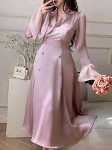 DAZY Satin Solid Color Business Casual Fitted Flared Sleeve Ruffle Splice Midi Dress For Women Elegant,Formal Women Dresses Modest Fashion - Mauve Purple - View 4